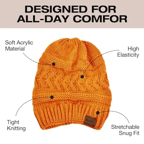 Rosoz 2 Pack Ponytail Beanie for Women,Winter Warm Beanie Tail Soft Stretch Cable Knit Messy High Bun Hat - 4