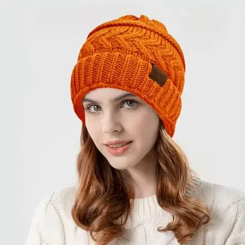 Rosoz 2 Pack Ponytail Beanie for Women,Winter Warm Beanie Tail Soft Stretch Cable Knit Messy High Bun Hat - ROSOZ (1)