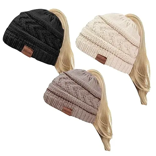 Rosoz 2 Pack Ponytail Beanie for Women,Winter Warm Beanie Tail Soft Stretch Cable Knit Messy High Bun Hat - 1