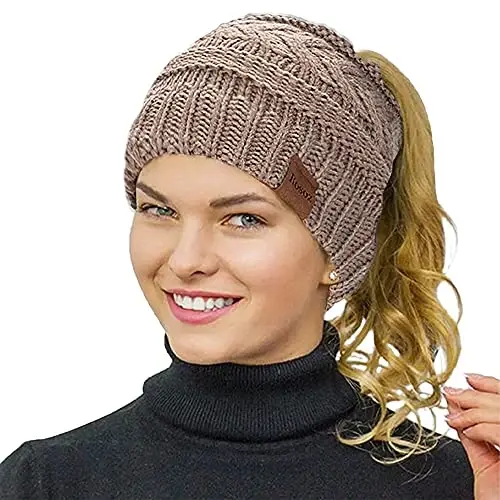 Rosoz 2 Pack Ponytail Beanie for Women,Winter Warm Beanie Tail Soft Stretch Cable Knit Messy High Bun Hat - 2