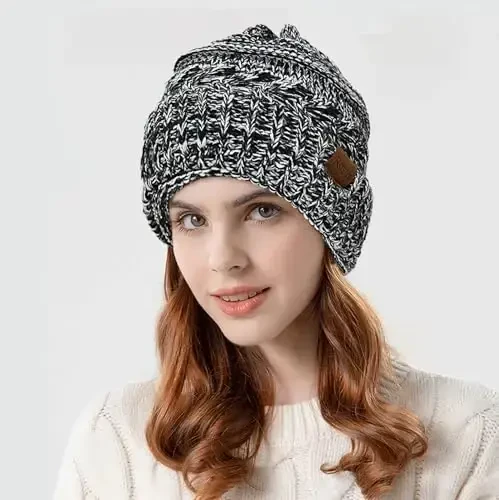 Rosoz 2 Pack Ponytail Beanie for Women,Winter Warm Beanie Tail Soft Stretch Cable Knit Messy High Bun Hat - ROSOZ (1)