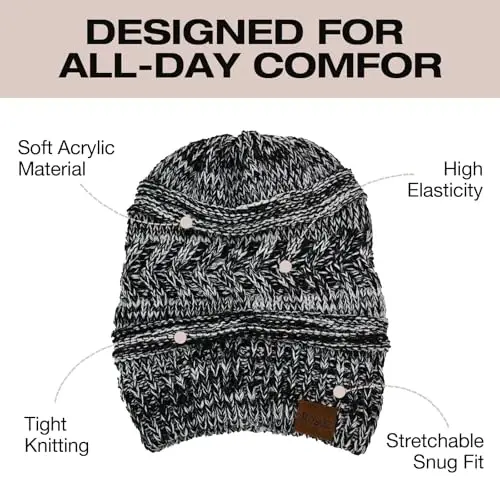 Rosoz 2 Pack Ponytail Beanie for Women,Winter Warm Beanie Tail Soft Stretch Cable Knit Messy High Bun Hat - 4