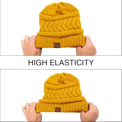 Rosoz 2 Pack Ponytail Beanie for Women,Winter Warm Beanie Tail Soft Stretch Cable Knit Messy High Bun Hat - 7