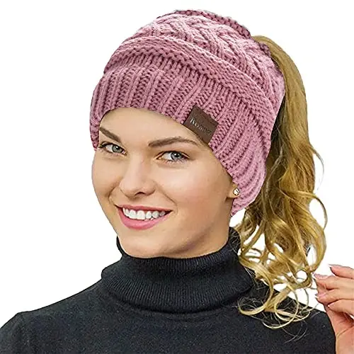 Rosoz 2 Pack Ponytail Beanie for Women,Winter Warm Beanie Tail Soft Stretch Cable Knit Messy High Bun Hat - 2