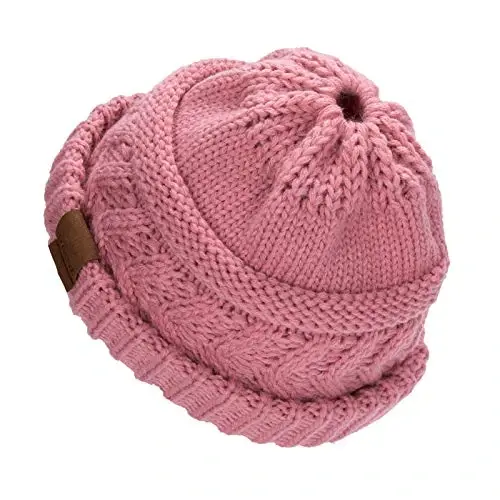 Rosoz 2 Pack Ponytail Beanie for Women,Winter Warm Beanie Tail Soft Stretch Cable Knit Messy High Bun Hat - 3