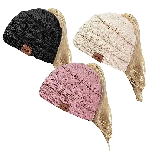 Rosoz 2 Pack Ponytail Beanie for Women,Winter Warm Beanie Tail Soft Stretch Cable Knit Messy High Bun Hat - 1