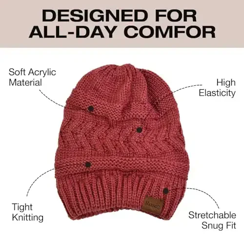 Rosoz 2 Pack Ponytail Beanie for Women,Winter Warm Beanie Tail Soft Stretch Cable Knit Messy High Bun Hat - 4