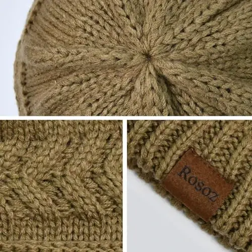 Rosoz 2 Pack Ponytail Beanie for Women,Winter Warm Beanie Tail Soft Stretch Cable Knit Messy High Bun Hat - 3