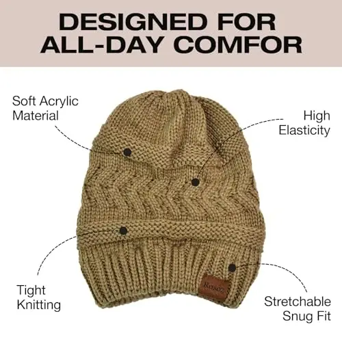 Rosoz 2 Pack Ponytail Beanie for Women,Winter Warm Beanie Tail Soft Stretch Cable Knit Messy High Bun Hat - 4