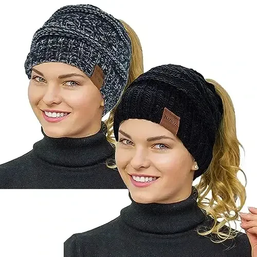 Rosoz 2 Pack Ponytail Beanie for Women,Winter Warm Beanie Tail Soft Stretch Cable Knit Messy High Bun Hat 