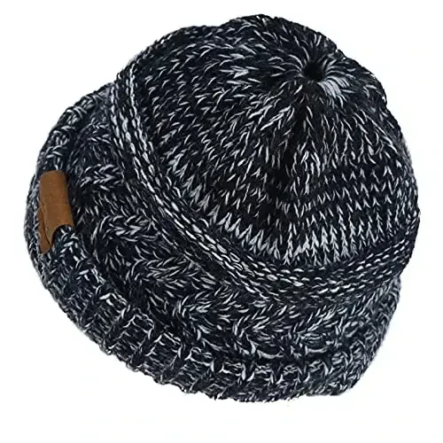 Rosoz 2 Pack Ponytail Beanie for Women,Winter Warm Beanie Tail Soft Stretch Cable Knit Messy High Bun Hat - 2