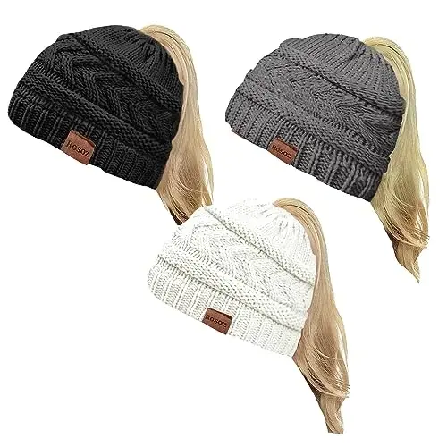 Rosoz 2 Pack Ponytail Beanie for Women,Winter Warm Beanie Tail Soft Stretch Cable Knit Messy High Bun Hat - 1