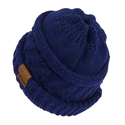 Rosoz 2 Pack Ponytail Beanie for Women,Winter Warm Beanie Tail Soft Stretch Cable Knit Messy High Bun Hat - 2