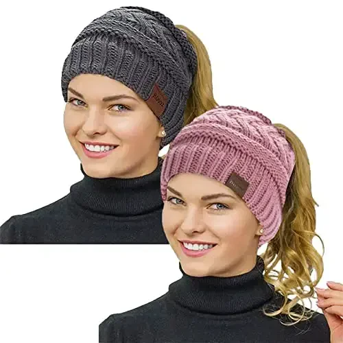Rosoz 2 Pack Ponytail Beanie for Women,Winter Warm Beanie Tail Soft Stretch Cable Knit Messy High Bun Hat 