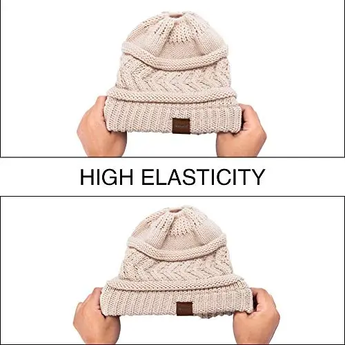 Rosoz 2 Pack Ponytail Beanie for Women,Winter Warm Beanie Tail Soft Stretch Cable Knit Messy High Bun Hat - 6