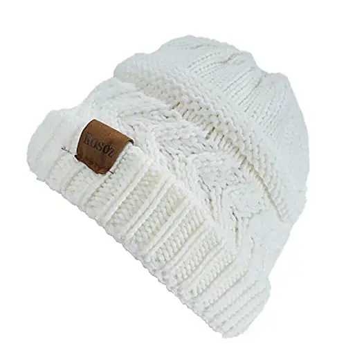 Rosoz 2 Pack Ponytail Beanie for Women,Winter Warm Beanie Tail Soft Stretch Cable Knit Messy High Bun Hat - 2