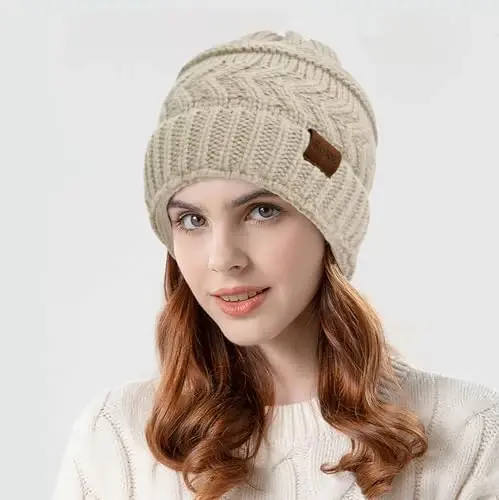 Rosoz 2 Pack Ponytail Beanie for Women,Winter Warm Beanie Tail Soft Stretch Cable Knit Messy High Bun Hat - 2
