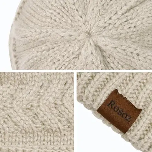 Rosoz 2 Pack Ponytail Beanie for Women,Winter Warm Beanie Tail Soft Stretch Cable Knit Messy High Bun Hat - 3