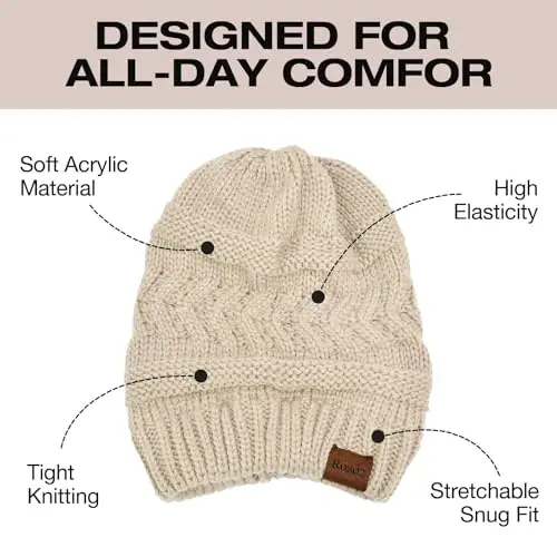 Rosoz 2 Pack Ponytail Beanie for Women,Winter Warm Beanie Tail Soft Stretch Cable Knit Messy High Bun Hat - 4