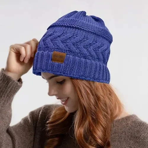 Rosoz 2 Pack Ponytail Beanie for Women,Winter Warm Beanie Tail Soft Stretch Cable Knit Messy High Bun Hat - 6