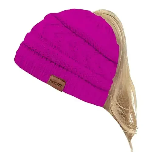 Rosoz 2 Pack Ponytail Beanie for Women,Winter Warm Beanie Tail Soft Stretch Cable Knit Messy High Bun Hat - 1