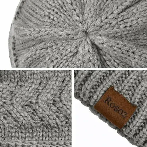 Rosoz Ayollar uchun 2 dona Ponytail Beanie, Qishki iliq Beanie Tail Yumshoq Stretch Cable Trikotaj Boshsiz Yuqori Bun Shlyapa - 3