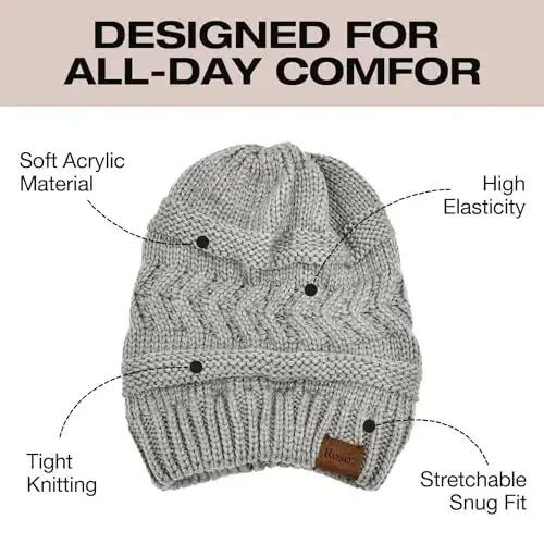 Rosoz Ayollar uchun 2 dona Ponytail Beanie, Qishki iliq Beanie Tail Yumshoq Stretch Cable Trikotaj Boshsiz Yuqori Bun Shlyapa - 4