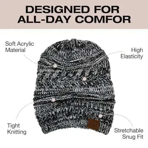 Rosoz Ayollar uchun 2 dona Ponytail Beanie, Qishki Issiq Beanie Quyruq Yumshoq Stretch Kabel Trikotaj Tartibsiz Yuqori Bun Shlyapa - 4