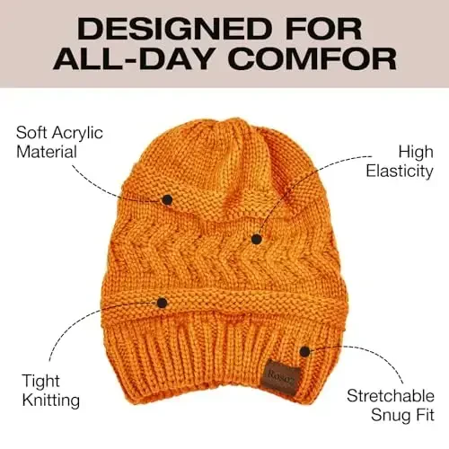 Rosoz Ayollar uchun 2 dona Ponytail Beanie, Qishki Issiq Beanie Quyruqli Yumshoq Cho'ziluvchan Kabel Trikotaj Buzuq Yuqori Tugunli Shlyapa - 4