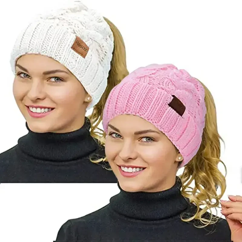 Rosoz Ponytail Beanie for Women,Winter Warm Beanie Tail Soft Stretch Cable Knit Messy High Bun Hat - ROSOZ