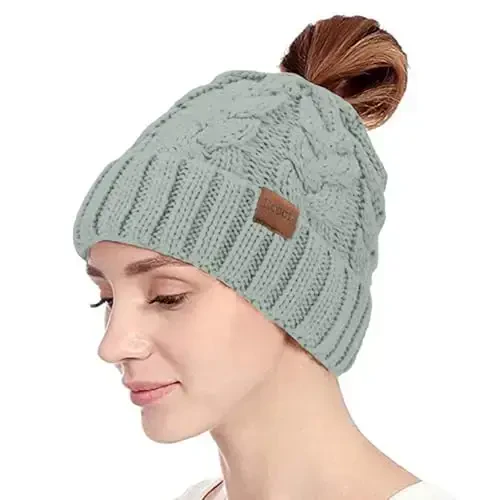 Rosoz Ayollar uchun Ponytail Beanie, Qishki Issiq Beanie Quyruq Yumshoq Stretch Kabel Trikotaj Buzuq Yuqori Dasta Shlyapa - 2