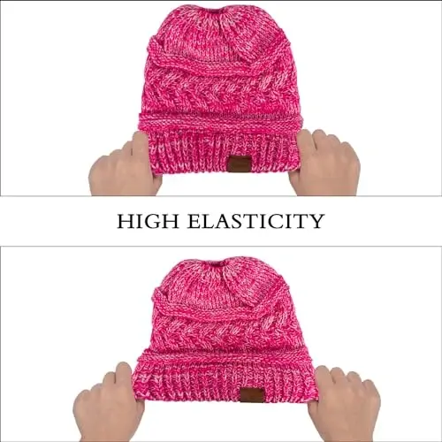 Rosoz 1&2 Packs Ponytail Beanie for Women,Winter Warm Beanie Tail Soft Stretch Cable Knit Messy High Bun Hat - 5