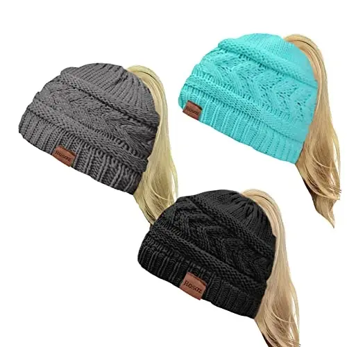 Rosoz 2 Pack Ponytail Beanie for Women,Winter Warm Beanie Tail Soft Stretch Cable Knit Messy High Bun Hat 