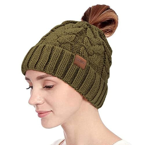 Rosoz Ponytail Beanie for Women, Winter Warm Beanie Tail Soft Stretch Cable Knit Messy High Bun Hat - 2