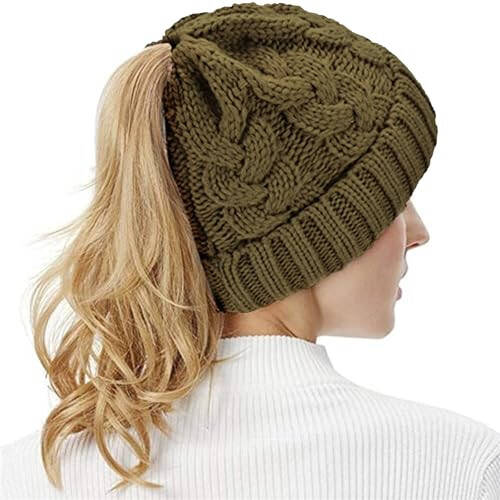 Rosoz Ponytail Beanie for Women, Winter Warm Beanie Tail Soft Stretch Cable Knit Messy High Bun Hat - 6