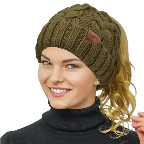 Rosoz Ponytail Beanie for Women,Winter Warm Beanie Tail Soft Stretch Cable Knit Messy High Bun Hat - MODAZONE