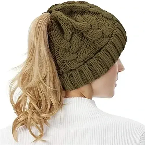 Rosoz Ponytail Beanie for Women,Winter Warm Beanie Tail Soft Stretch Cable Knit Messy High Bun Hat - 6