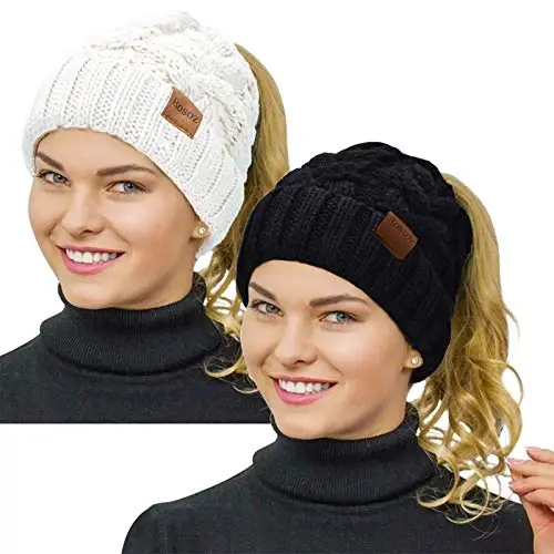 Rosoz Ponytail Beanie for Women,Winter Warm Beanie Tail Soft Stretch Cable Knit Messy High Bun Hat - ROSOZ