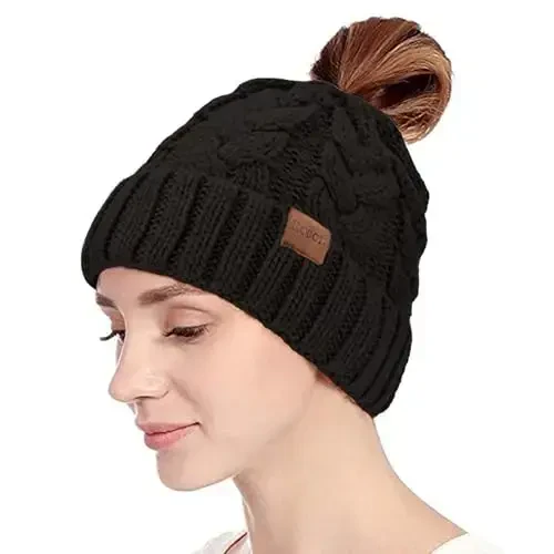 Rosoz Ponytail Beanie for Women,Winter Warm Beanie Tail Soft Stretch Cable Knit Messy High Bun Hat - ROSOZ (1)