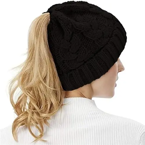 Rosoz Ponytail Beanie for Women,Winter Warm Beanie Tail Soft Stretch Cable Knit Messy High Bun Hat - 6