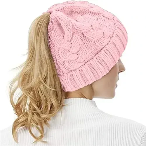 Rosoz Ponytail Beanie for Women,Winter Warm Beanie Tail Soft Stretch Cable Knit Messy High Bun Hat - 6