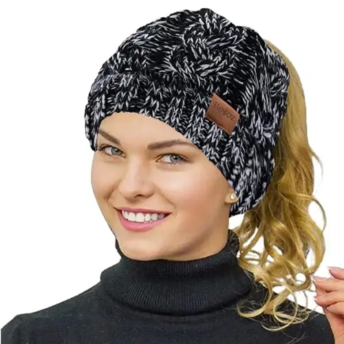 Rosoz Ponytail Beanie for Women,Winter Warm Beanie Tail Soft Stretch Cable Knit Messy High Bun Hat - 1