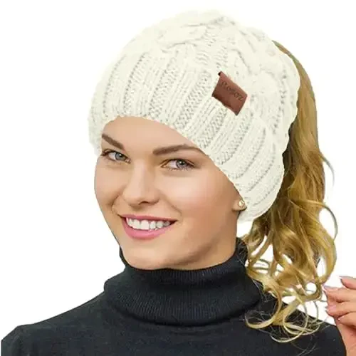 Rosoz Ponytail Beanie for Women,Winter Warm Beanie Tail Soft Stretch Cable Knit Messy High Bun Hat 
