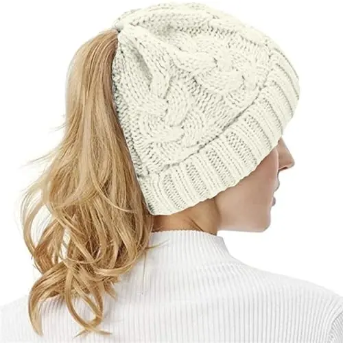 Rosoz Ponytail Beanie for Women,Winter Warm Beanie Tail Soft Stretch Cable Knit Messy High Bun Hat - 5