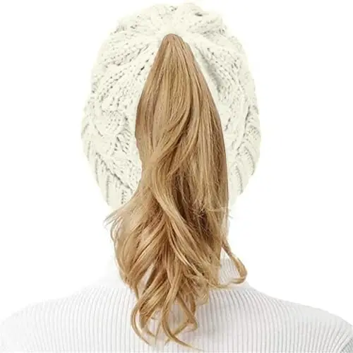 Rosoz Ponytail Beanie for Women,Winter Warm Beanie Tail Soft Stretch Cable Knit Messy High Bun Hat - 6