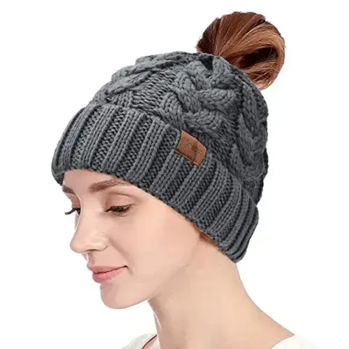 Rosoz Ponytail Beanie for Women,Winter Warm Beanie Tail Soft Stretch Cable Knit Messy High Bun Hat - ROSOZ (1)
