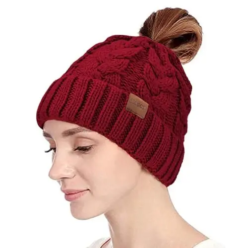 Rosoz Ponytail Beanie for Women,Winter Warm Beanie Tail Soft Stretch Cable Knit Messy High Bun Hat - 7