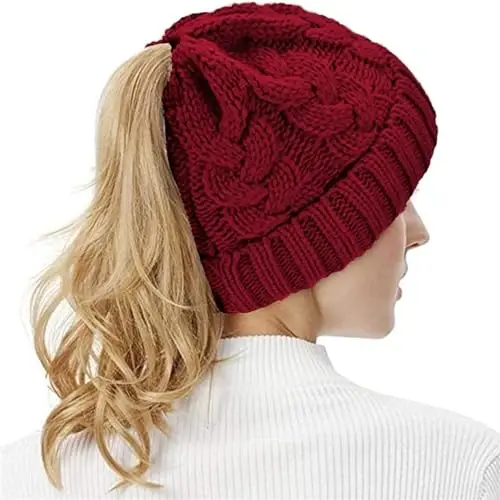 Rosoz Ponytail Beanie for Women,Winter Warm Beanie Tail Soft Stretch Cable Knit Messy High Bun Hat - 6