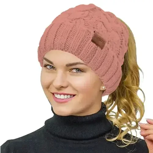 Rosoz Ponytail Beanie for Women,Winter Warm Beanie Tail Soft Stretch Cable Knit Messy High Bun Hat 