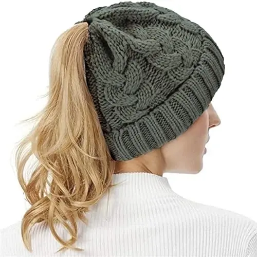 Rosoz Ponytail Beanie for Women,Winter Warm Beanie Tail Soft Stretch Cable Knit Messy High Bun Hat - 6